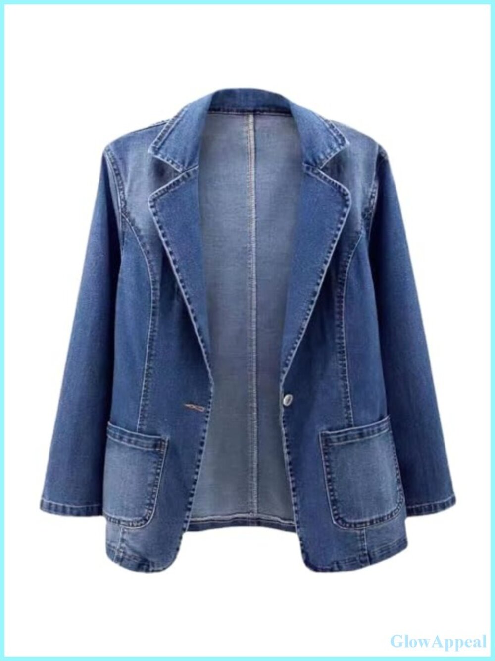 Women's Denim Blazer Notched Lapel One Button Long Sleeve Slim Fit Jean Jacket - Picture 2 of 5
